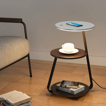 Luxurious double-layered side table with storage; elegant design with durable steel, available in wood or stone finishes.