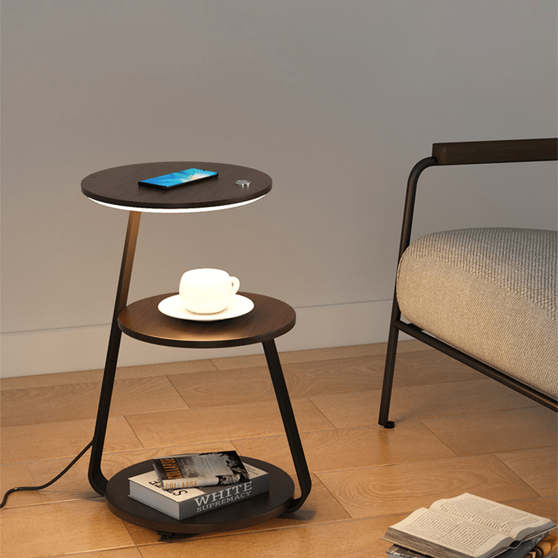 Luxurious double-layered side table with storage; elegant design with durable steel, available in wood or stone finishes.