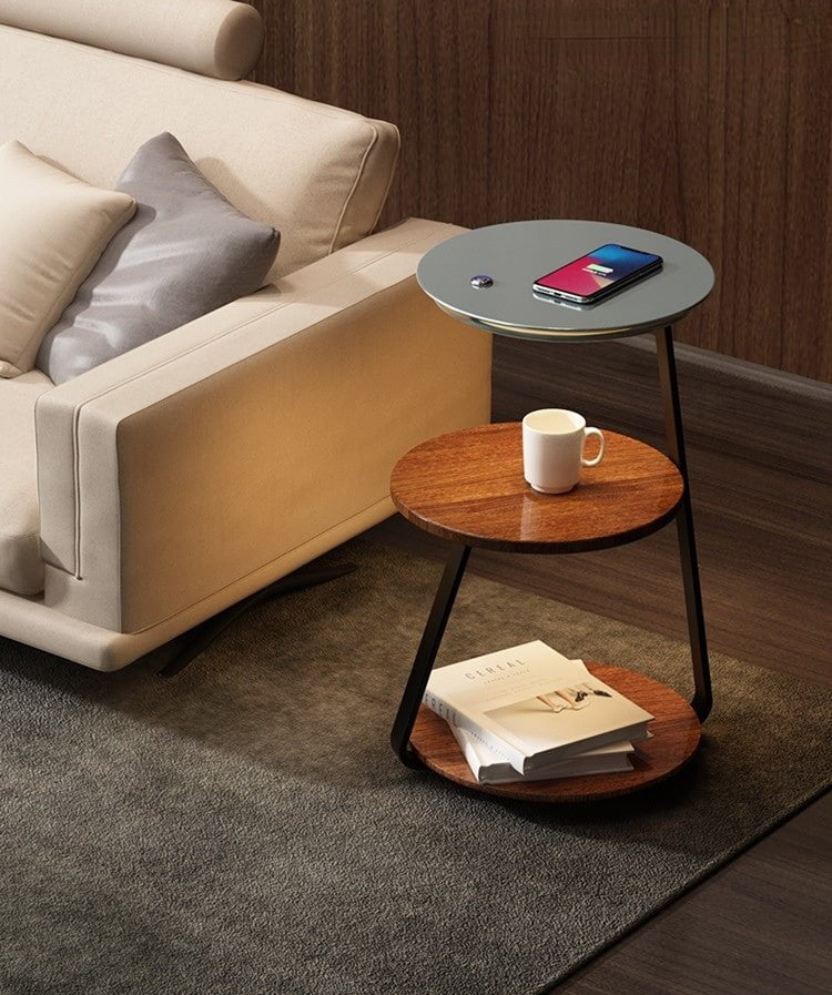 Luxurious double-layered side table with storage; elegant design with durable steel, available in wood or stone finishes.
