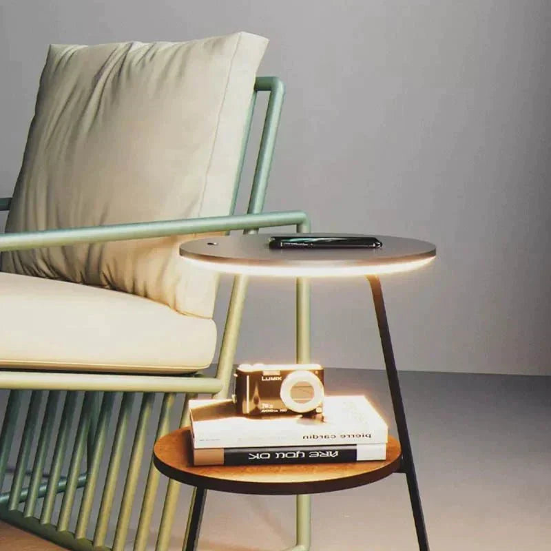 Luxurious double-layered side table with storage; elegant design with durable steel, available in wood or stone finishes.