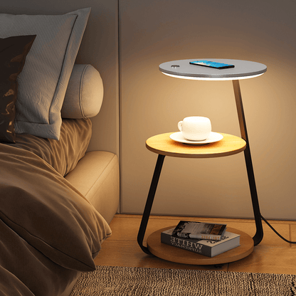 Luxurious double-layered side table with storage; elegant design with durable steel, available in wood or stone finishes.