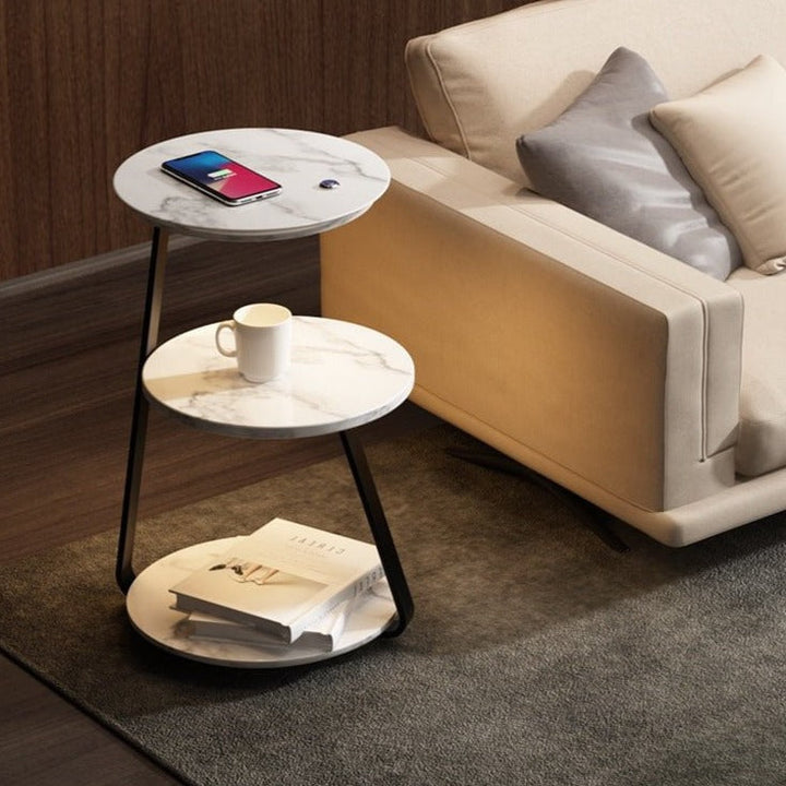 Luxurious double-layered side table with storage; elegant design with durable steel, available in wood or stone finishes.