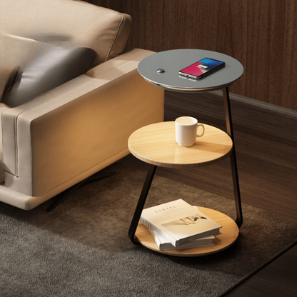 Luxurious double-layered side table with storage; elegant design with durable steel, available in wood or stone finishes.