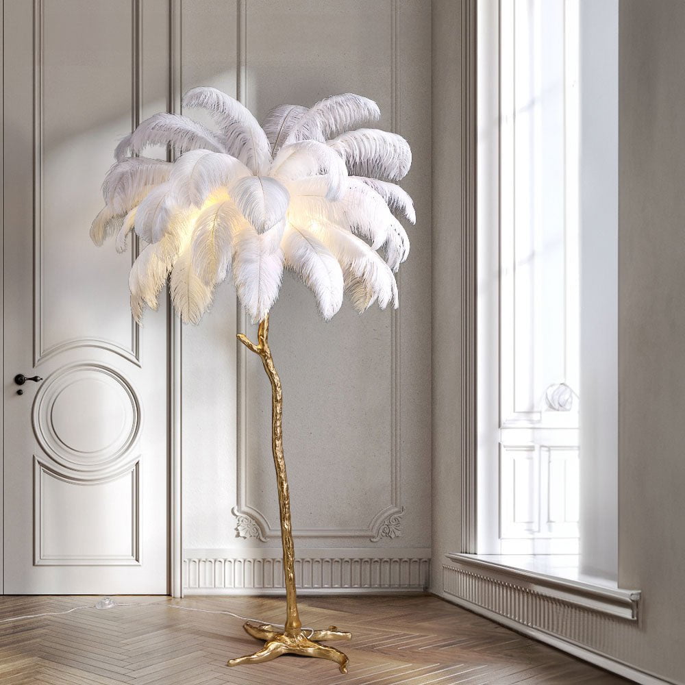 Luxurious Ostrich Feather Floor Lamp with cascading feathers, polished brass finish, and resin base for elegant home lighting
