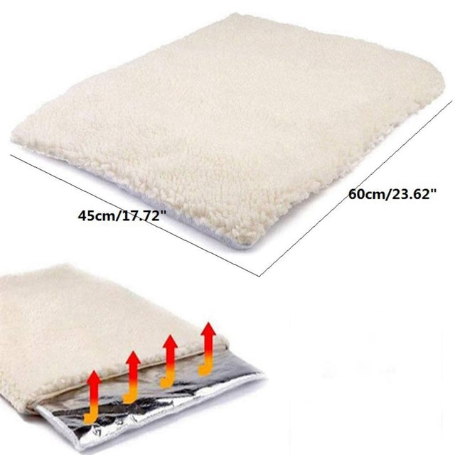"Luxurious plush self-heating cat pad, no electricity, warm cozy bed, elegant design, pet supplies, 60x45cm size"