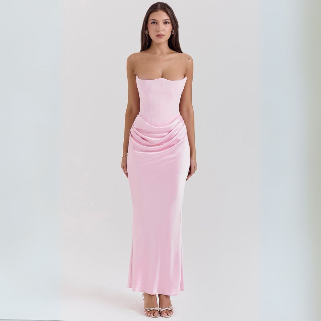 Luxurious satin strapless corset maxi dress, features dramatic draped hip detail, elegant silhouette, perfect for occasions.
