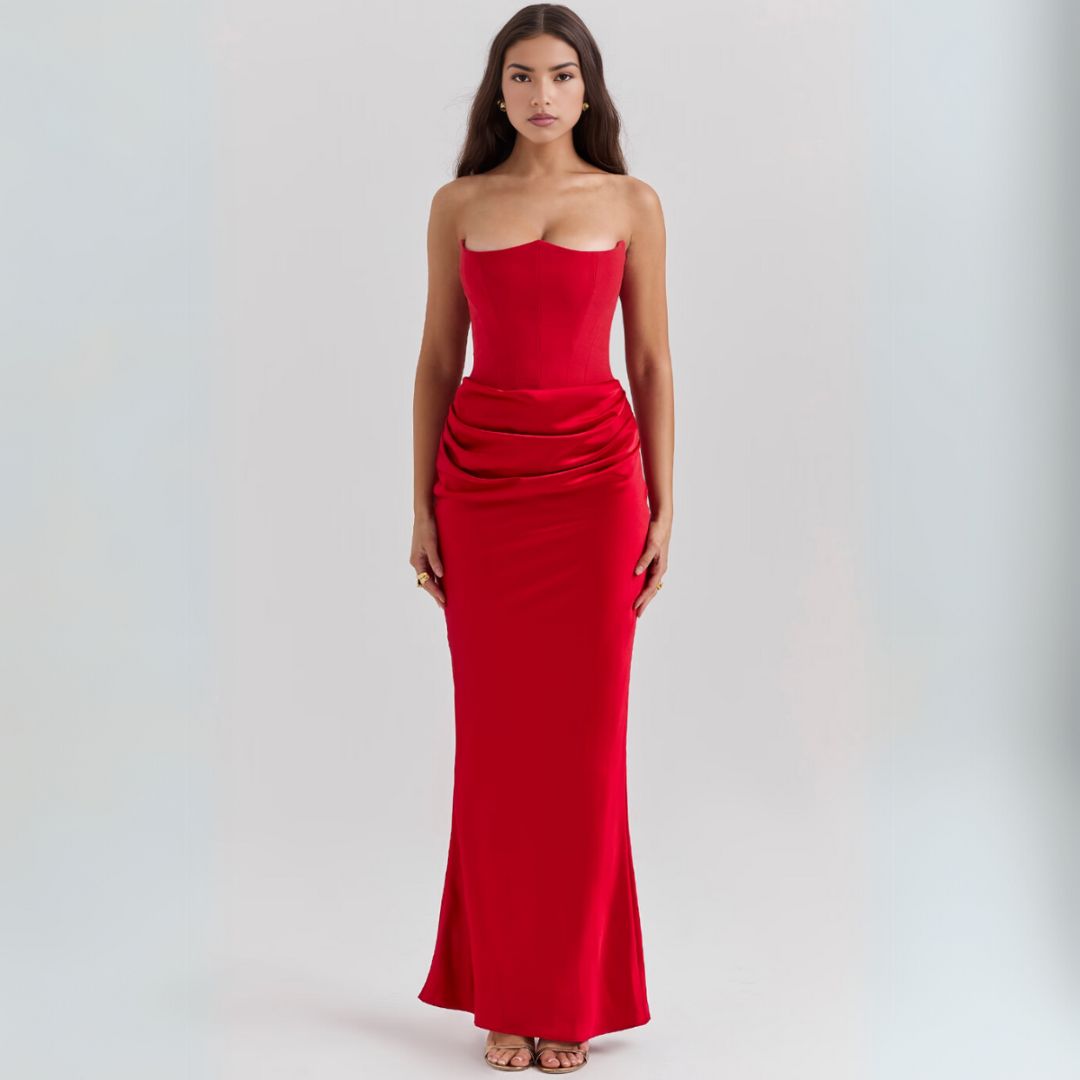 Luxurious satin strapless corset maxi dress, features dramatic draped hip detail, elegant silhouette, perfect for occasions.