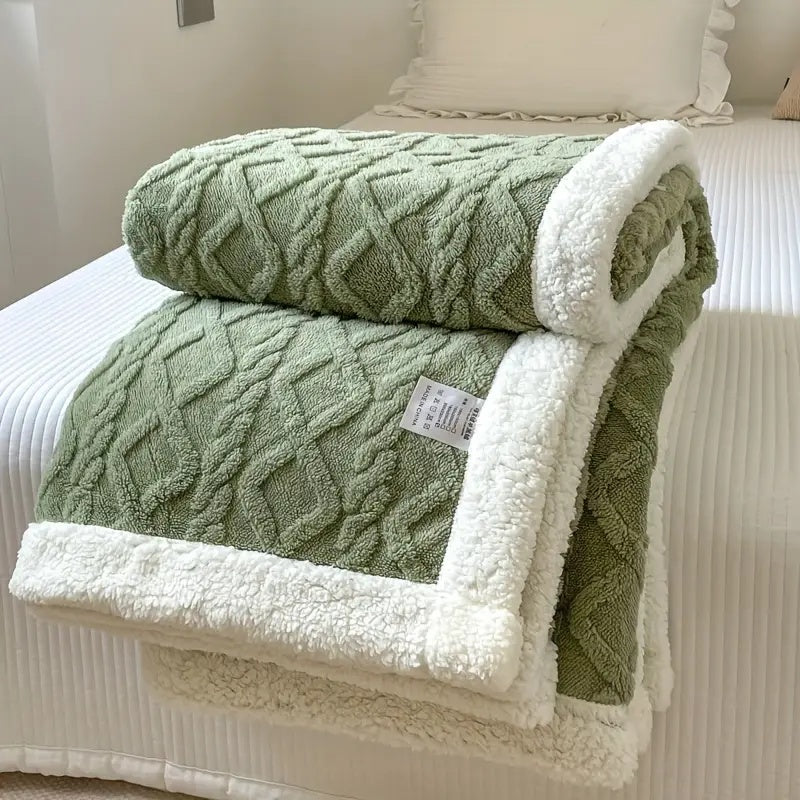 Luxurious sherpa blanket with plush, soft texture, reversible design; perfect for cozy all-season comfort and decoration.