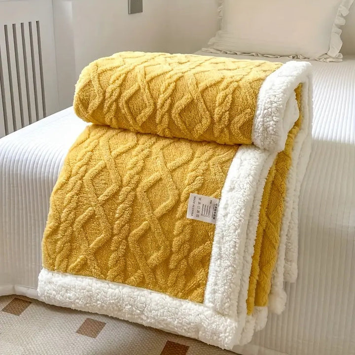Luxurious sherpa blanket with plush, soft texture, reversible design; perfect for cozy all-season comfort and decoration.