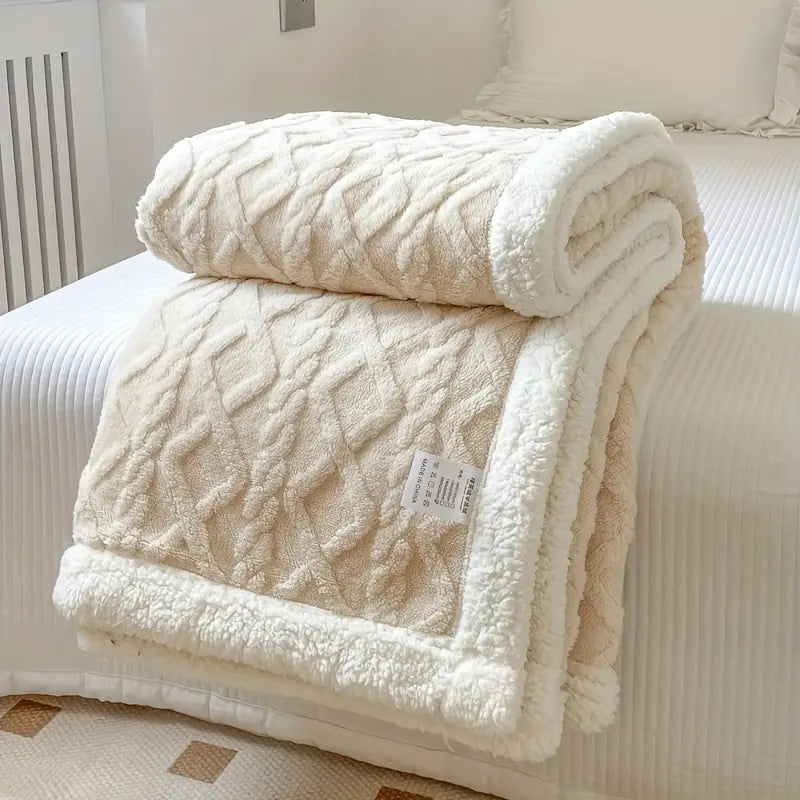 Luxurious sherpa blanket with plush, soft texture, reversible design; perfect for cozy all-season comfort and decoration.
