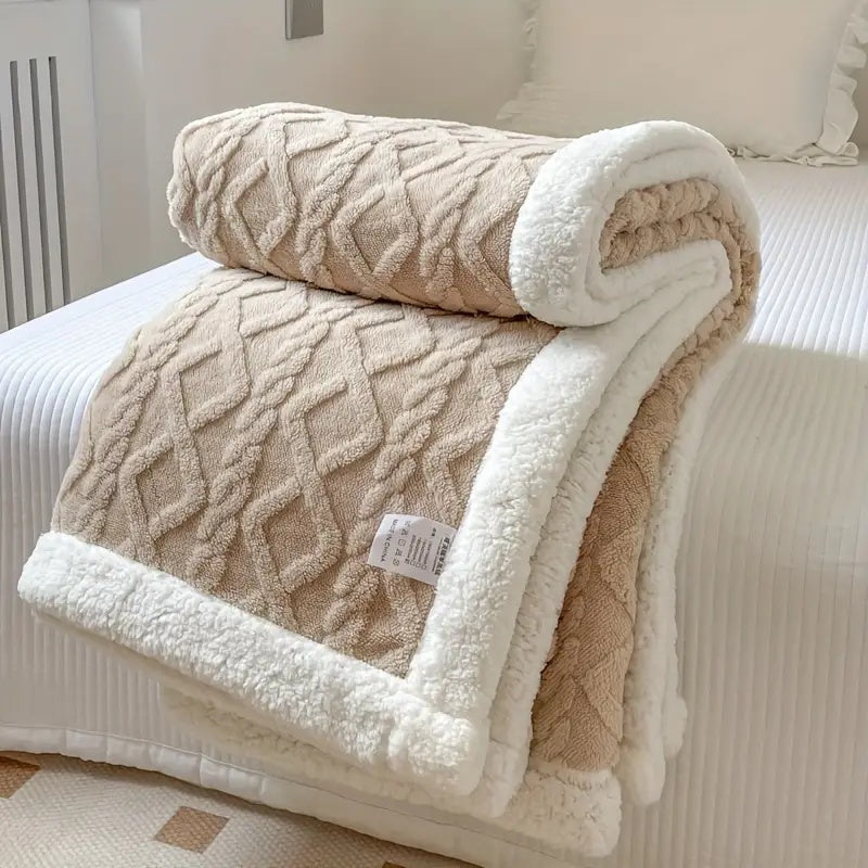 Luxurious sherpa blanket with plush, soft texture, reversible design; perfect for cozy all-season comfort and decoration.