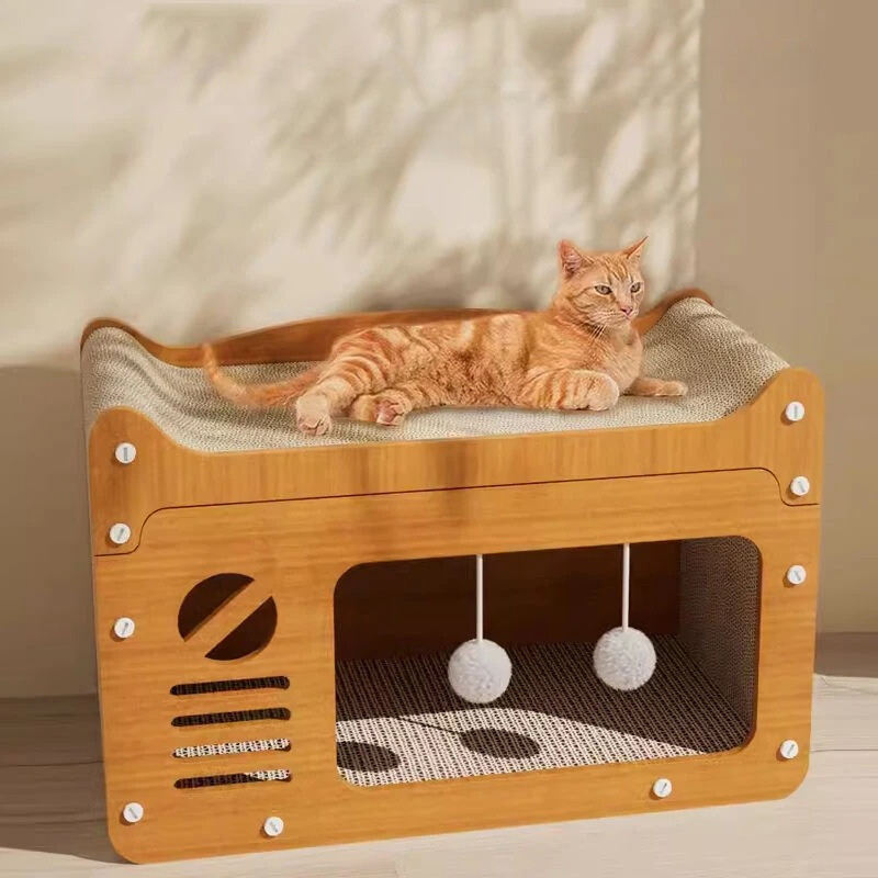 "Luxury multi-level cat scratcher house with plush toys, made of wood and sisal for durability, offers play and relaxation."
