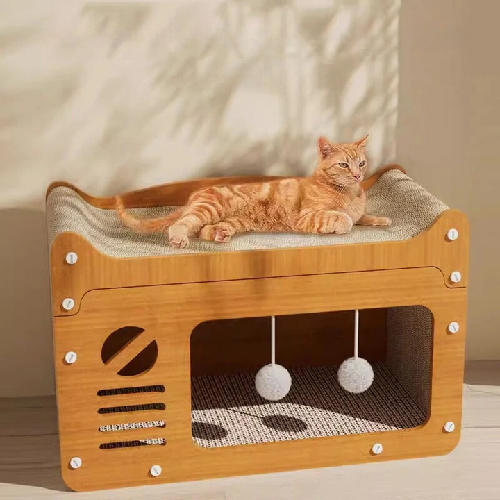"Luxury multi-level cat scratcher house with plush toys, made of wood and sisal for durability, offers play and relaxation."