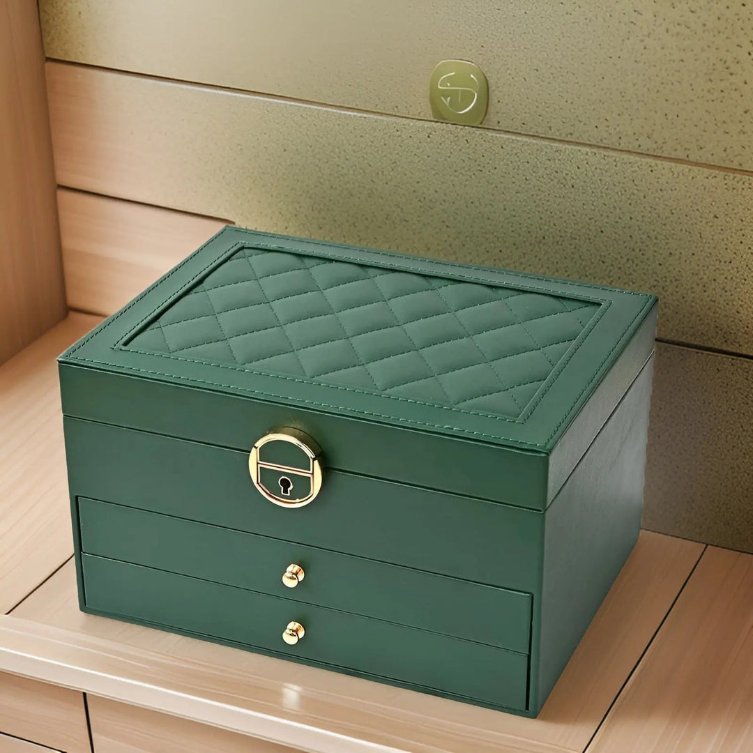 "Luxury PU leather multi-layer jewellery box for women, elegant organizer for rings, earrings, necklaces, and bracelets."