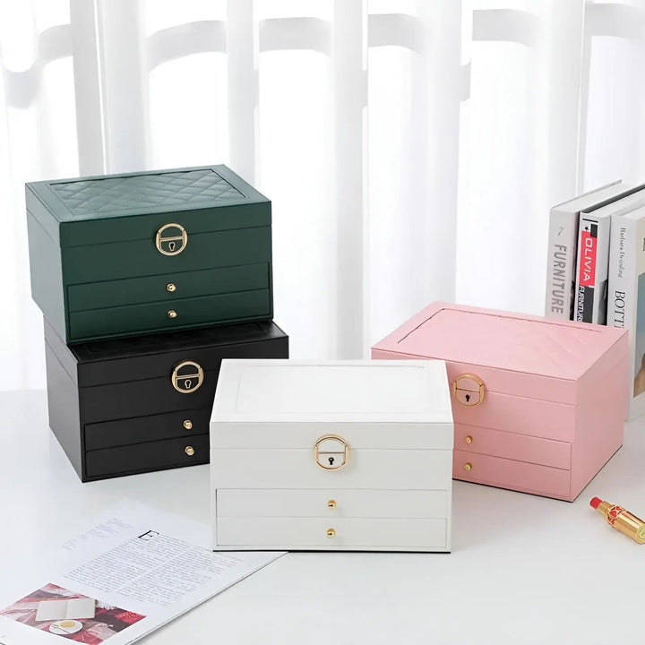 "Luxury PU leather multi-layer jewellery box for women, elegant organizer for rings, earrings, necklaces, and bracelets."