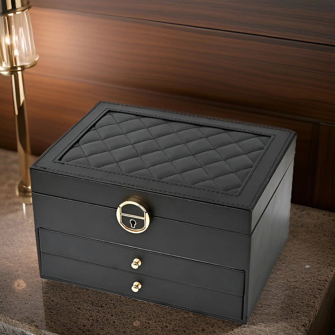 "Luxury PU leather multi-layer jewellery box for women, elegant organizer for rings, earrings, necklaces, and bracelets."