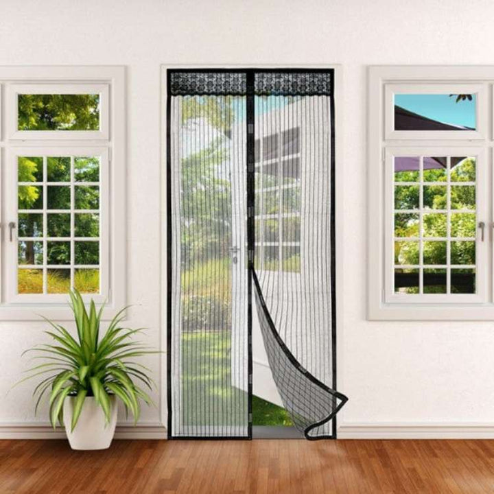 "Magnetic mesh door with snap closure, keeps insects out, lets fresh air in; fits home doorways, hands-free, pet-friendly."