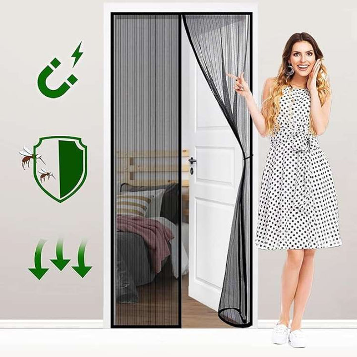 "Magnetic mesh door with snap closure, keeps insects out, lets fresh air in; fits home doorways, hands-free, pet-friendly."