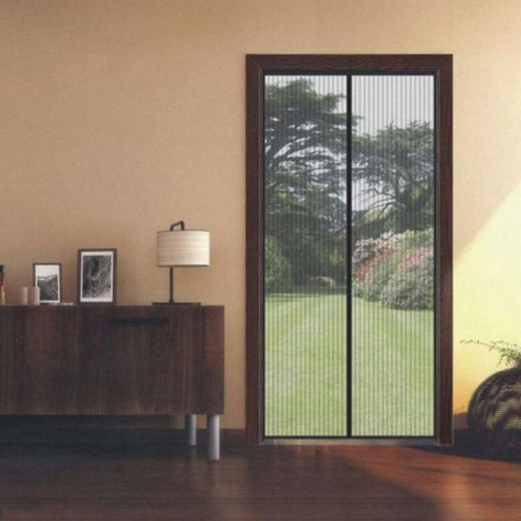 "Magnetic mesh door with snap closure, keeps insects out, lets fresh air in; fits home doorways, hands-free, pet-friendly."