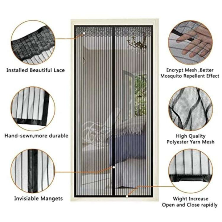 "Magnetic mesh door with snap closure, keeps insects out, lets fresh air in; fits home doorways, hands-free, pet-friendly."