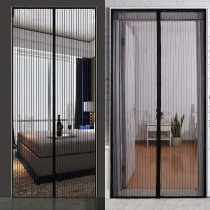 "Magnetic mesh door with snap closure, keeps insects out, lets fresh air in; fits home doorways, hands-free, pet-friendly."