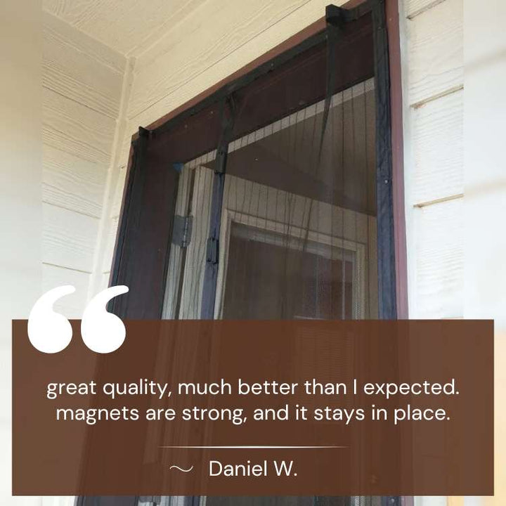 "Magnetic mesh door with snap closure, keeps insects out, lets fresh air in; fits home doorways, hands-free, pet-friendly."