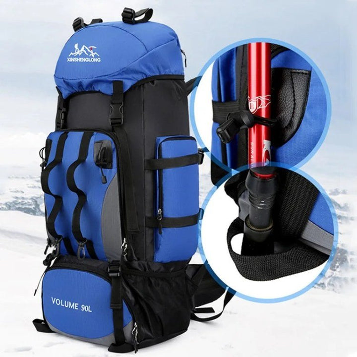 "Men's 90L waterproof hiking backpack, lightweight, durable, with ergonomic straps and multiple compartments, in blue color."