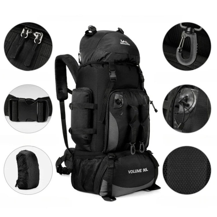 "Men's 90L waterproof hiking backpack, lightweight, durable, with ergonomic straps and multiple compartments, in blue color."