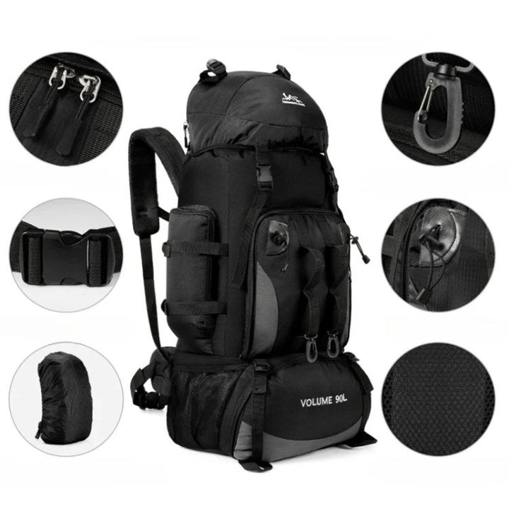 "Men's 90L waterproof hiking backpack, lightweight, durable, with ergonomic straps and multiple compartments, in blue color."