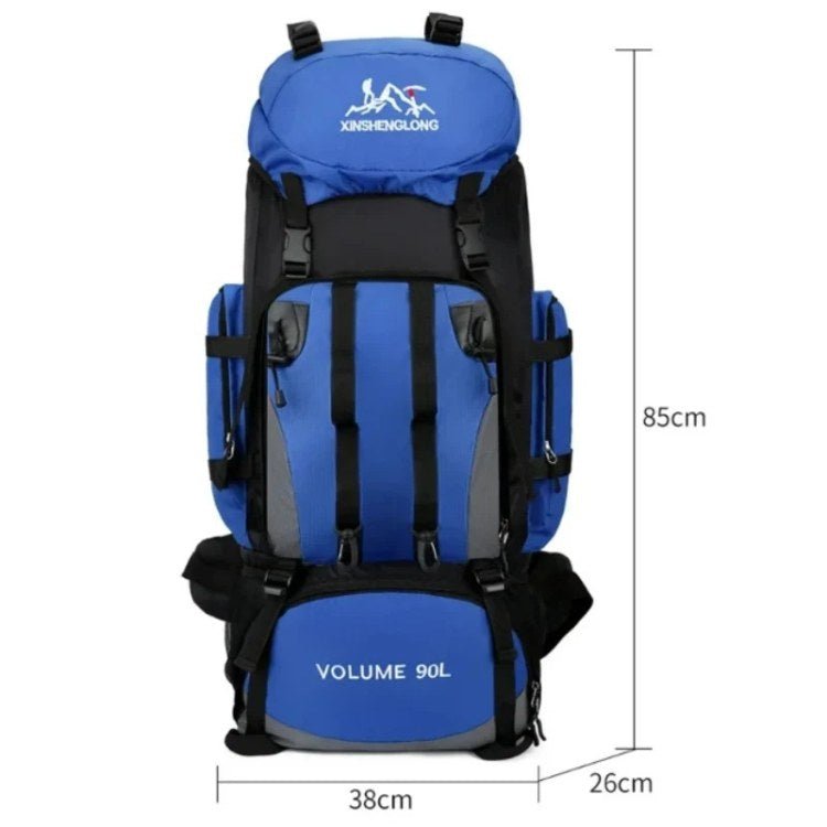 "Men's 90L waterproof hiking backpack, lightweight, durable, with ergonomic straps and multiple compartments, in blue color."
