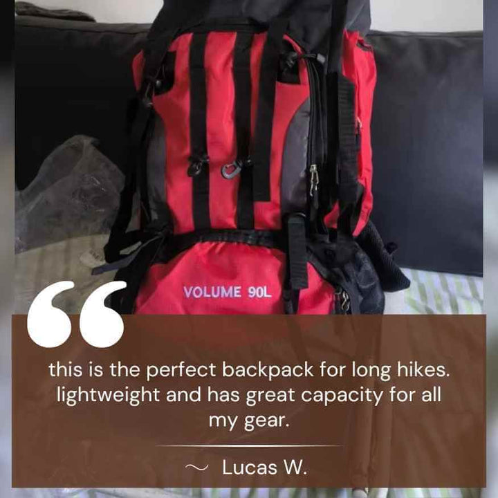 "Men's 90L waterproof hiking backpack, lightweight, durable, with ergonomic straps and multiple compartments, in blue color."