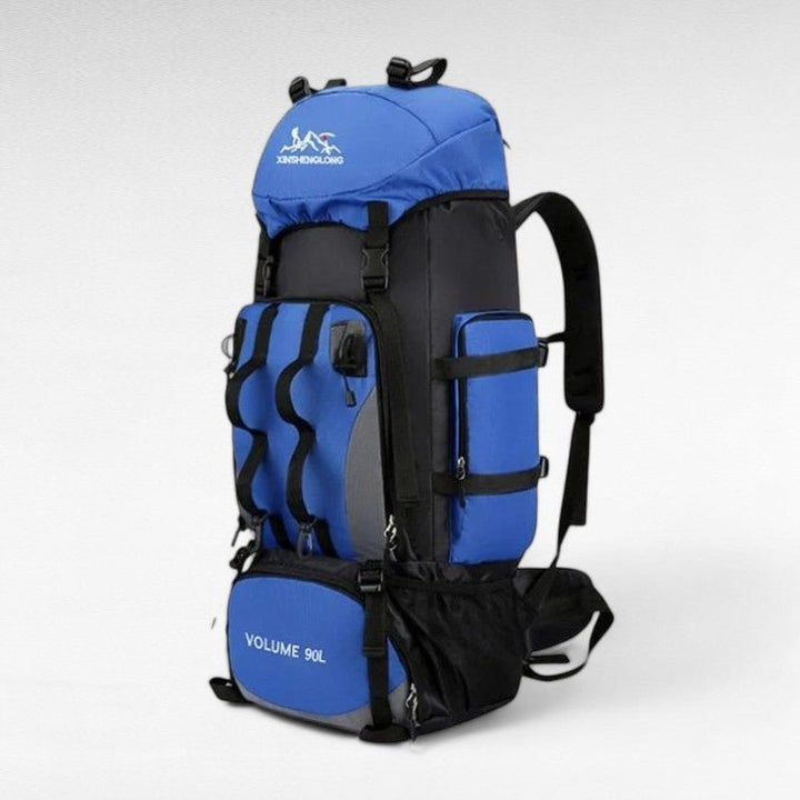 "Men's 90L waterproof hiking backpack, lightweight, durable, with ergonomic straps and multiple compartments, in blue color."