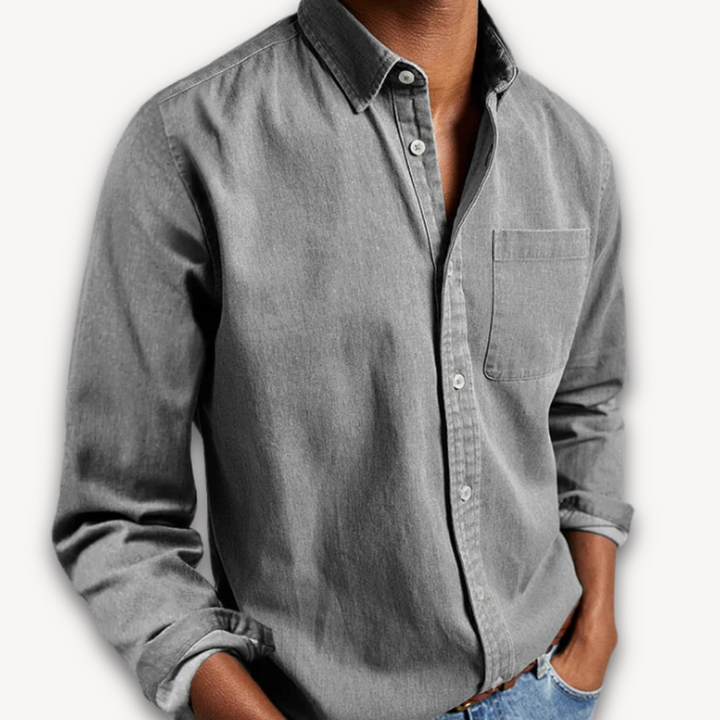 "Men's black cotton button-up long sleeve shirt, casual style with tailored fit, perfect for versatile, elegant outfits."