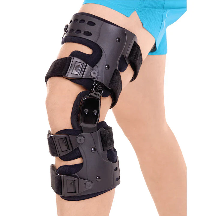 Men's black osteoarthritis unloader knee brace with adjustable straps, medial-lateral support, ideal for pain relief and mobi