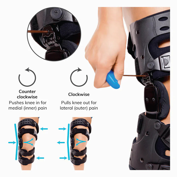 Men's black osteoarthritis unloader knee brace with adjustable straps, medial-lateral support, ideal for pain relief and mobi