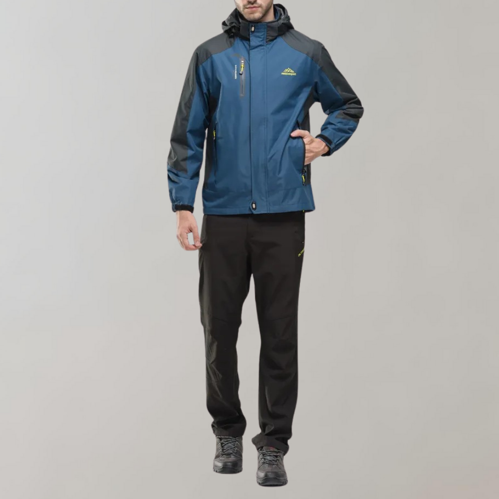 "Men's blue waterproof wind jacket for all seasons, sleek tailored fit, suitable for outdoor adventures and casual wear."