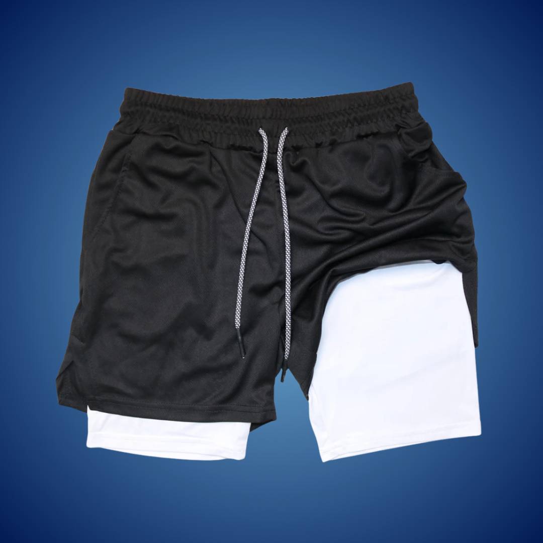 "Men's breathable sports running shorts, black, moisture-wicking fabric, ideal for gym or trail, with spacious pockets."