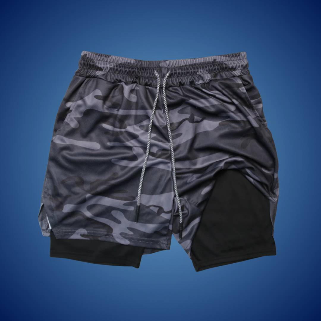 "Men's breathable sports running shorts, black, moisture-wicking fabric, ideal for gym or trail, with spacious pockets."