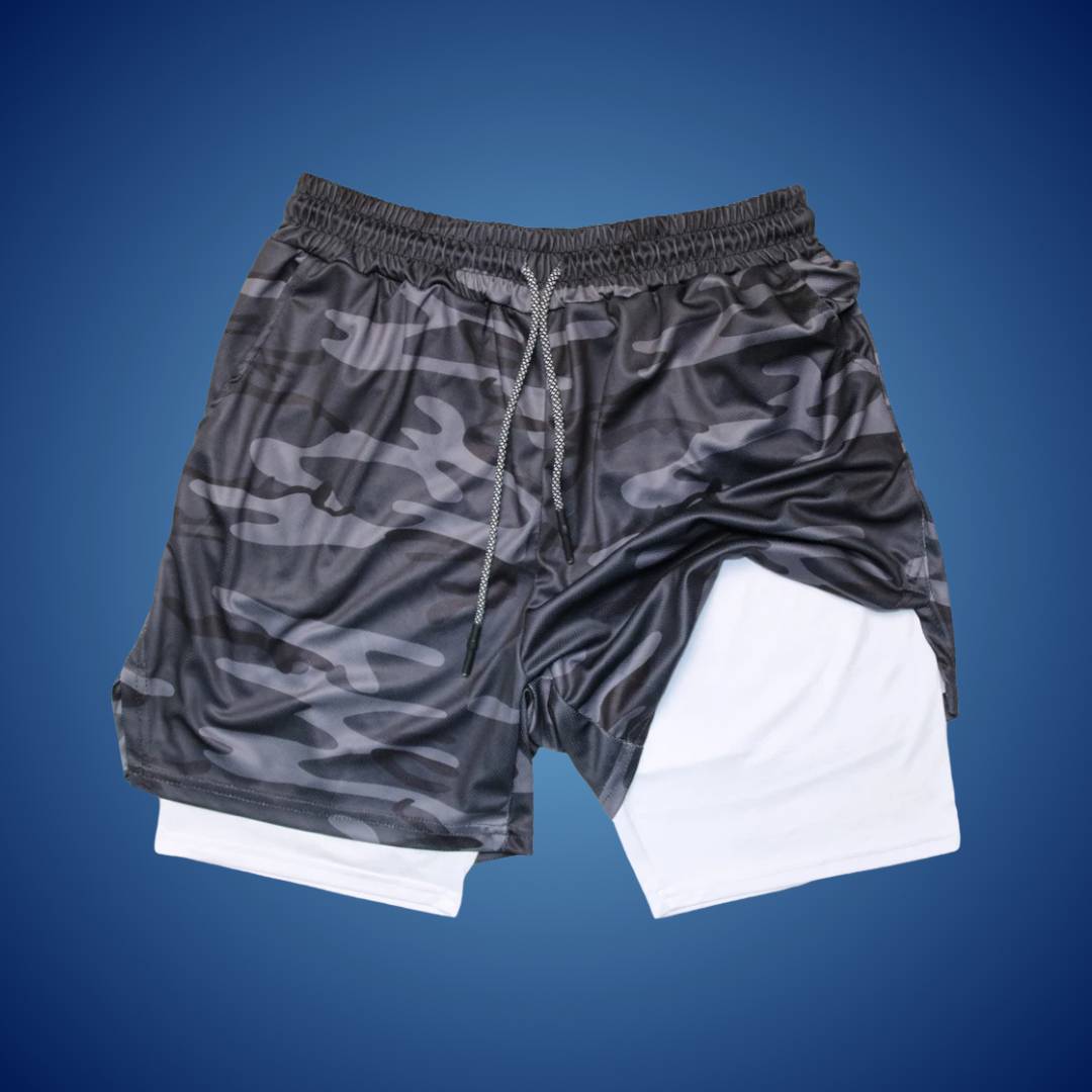"Men's breathable sports running shorts, black, moisture-wicking fabric, ideal for gym or trail, with spacious pockets."
