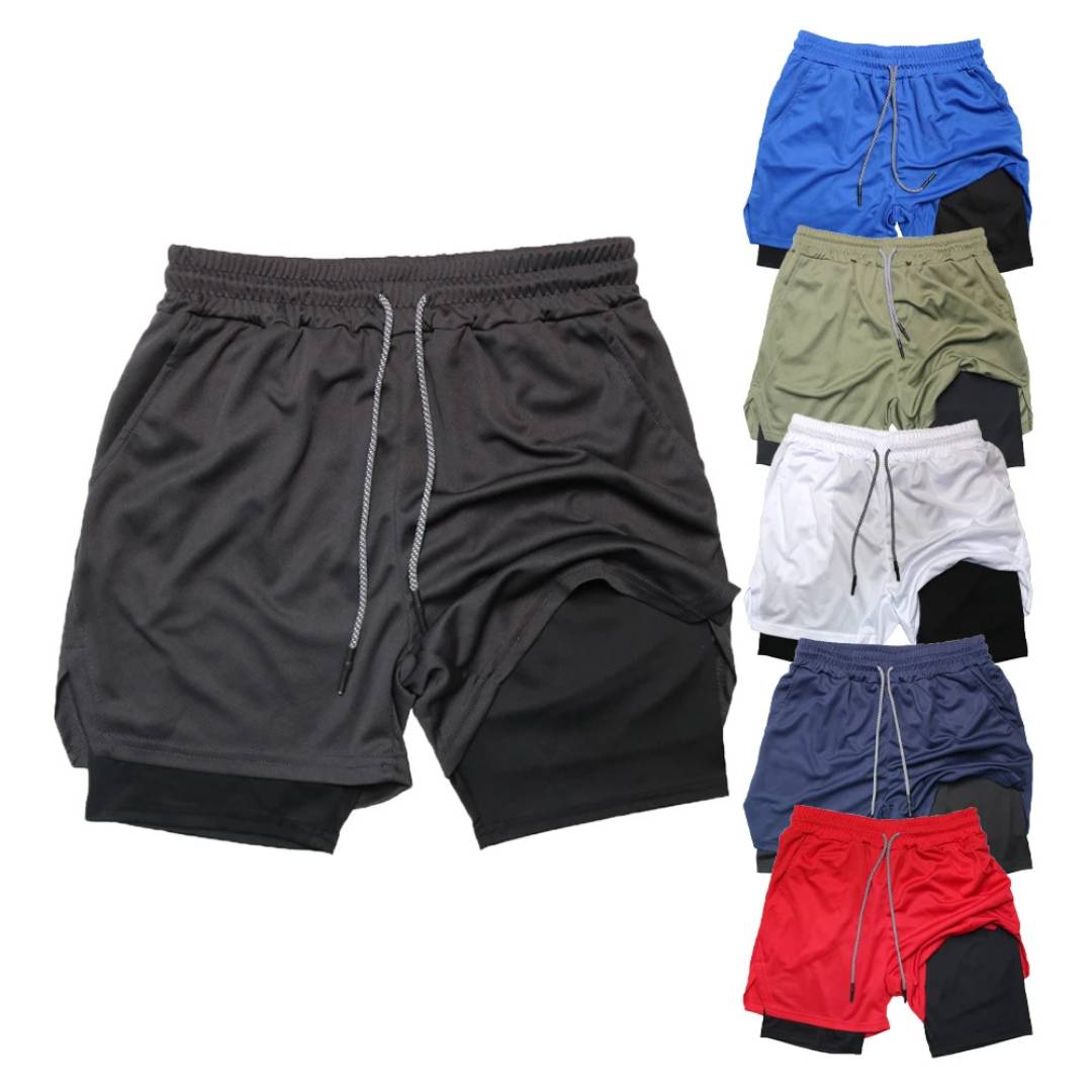 "Men's breathable sports running shorts, black, moisture-wicking fabric, ideal for gym or trail, with spacious pockets."
