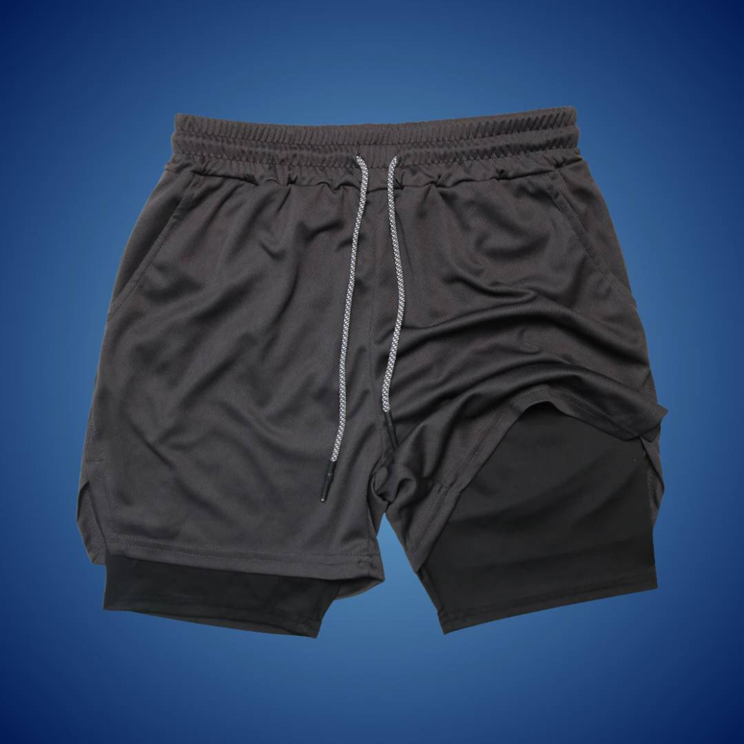 "Men's breathable sports running shorts, black, moisture-wicking fabric, ideal for gym or trail, with spacious pockets."