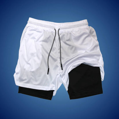 "Men's breathable sports running shorts, black, moisture-wicking fabric, ideal for gym or trail, with spacious pockets."