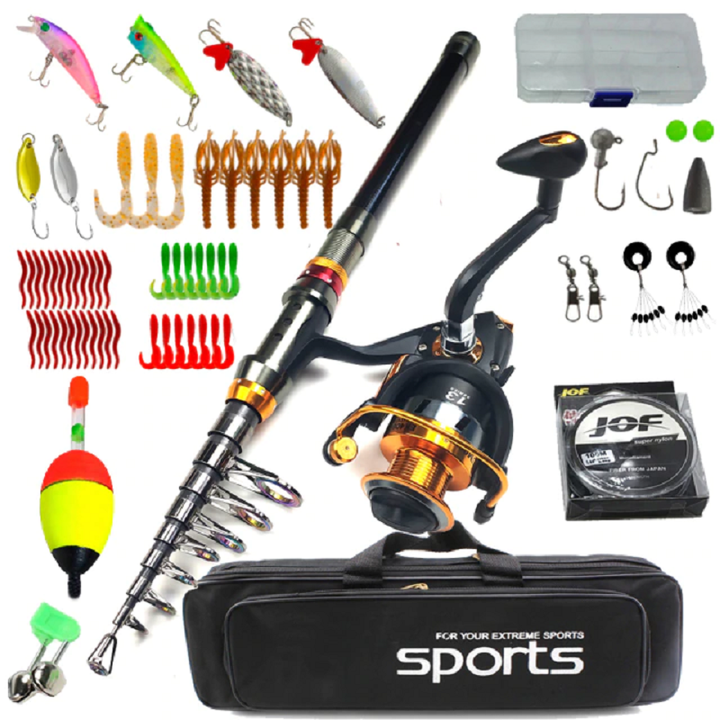 Men's carbon telescopic spinning fishing rod kit with reel, line, lures, and waterproof bag against a clean background.