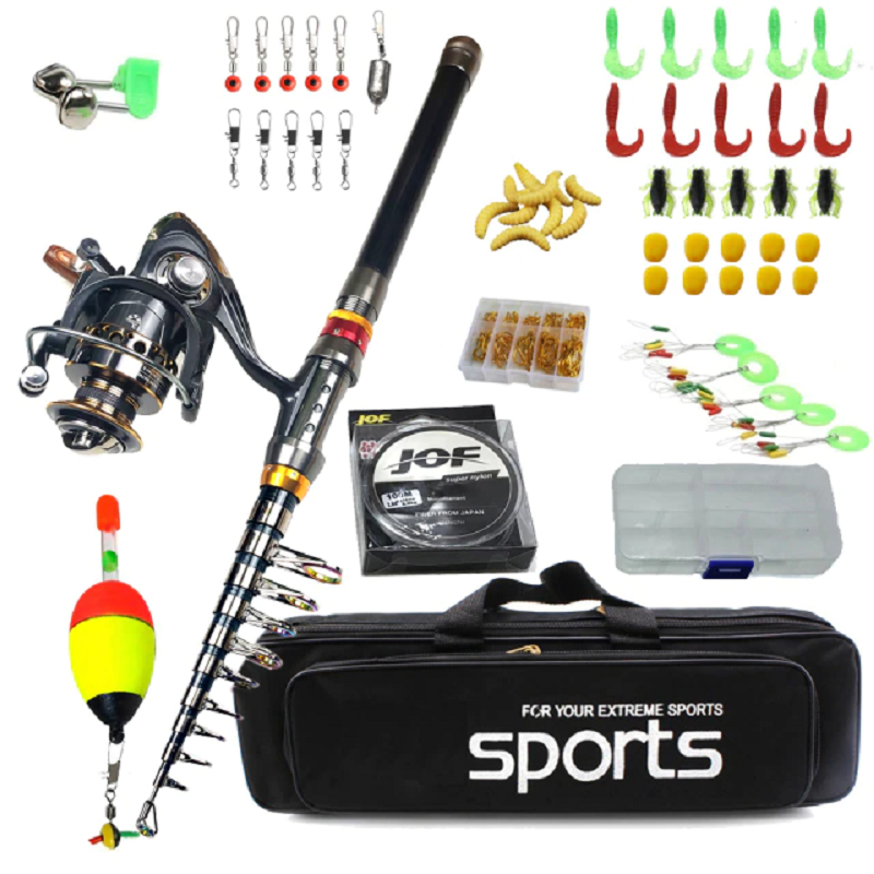 Men's carbon telescopic spinning fishing rod kit with reel, line, lures, and waterproof bag against a clean background.