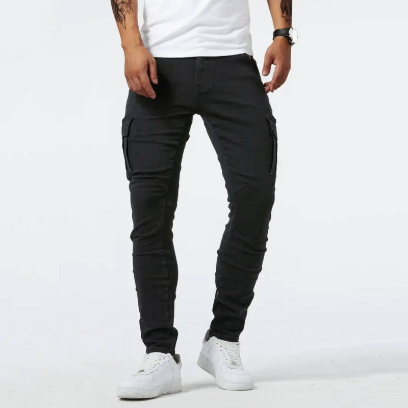 Men's cargo jeans with multi-pockets, textured fabric, and relaxed fit in black, grey, and light blue for all-season wear.