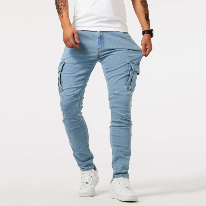 Men's cargo jeans with multi-pockets, textured fabric, and relaxed fit in black, grey, and light blue for all-season wear.