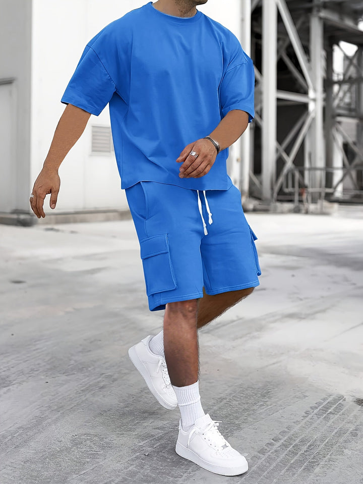 "Men's casual T-shirt & cargo shorts set, crew-neck tee, drawstring shorts, relaxed fit, functional pockets, monochrome style