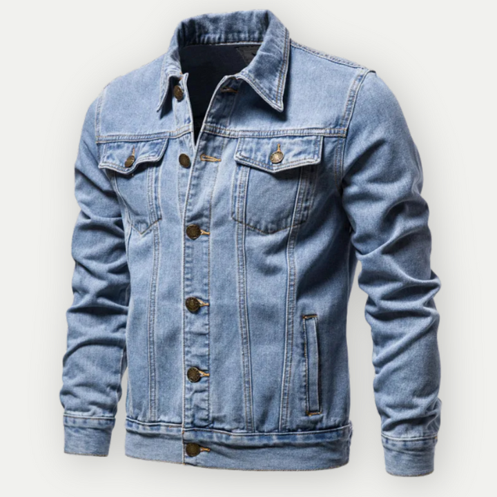 Men's classic denim jacket, structured fit, perfect for layering in spring or autumn, includes front and back views.