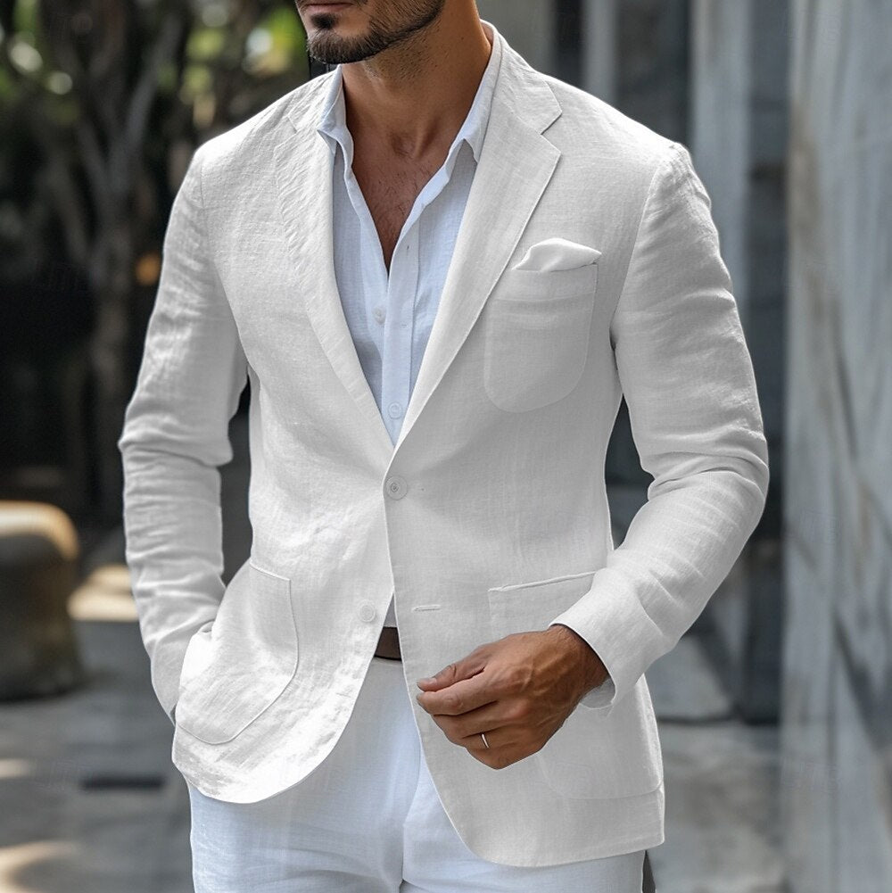 Men's classic linen blazer in beige, tailored for a sleek fit, ideal for summer elegance with versatile styling options.