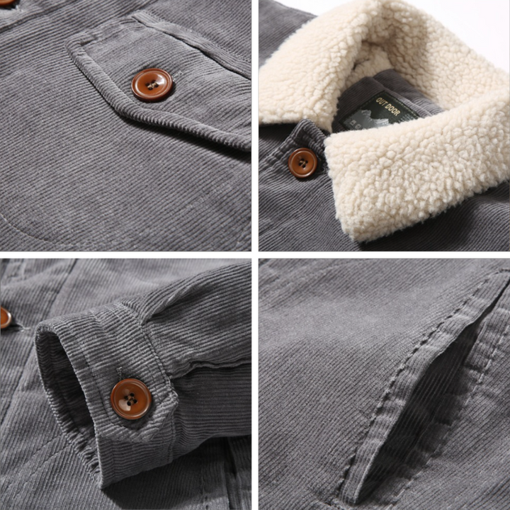 Men's corduroy autumn jacket with a soft cotton interior, fine-ribbed design, deep pockets, and windproof for chilly days.